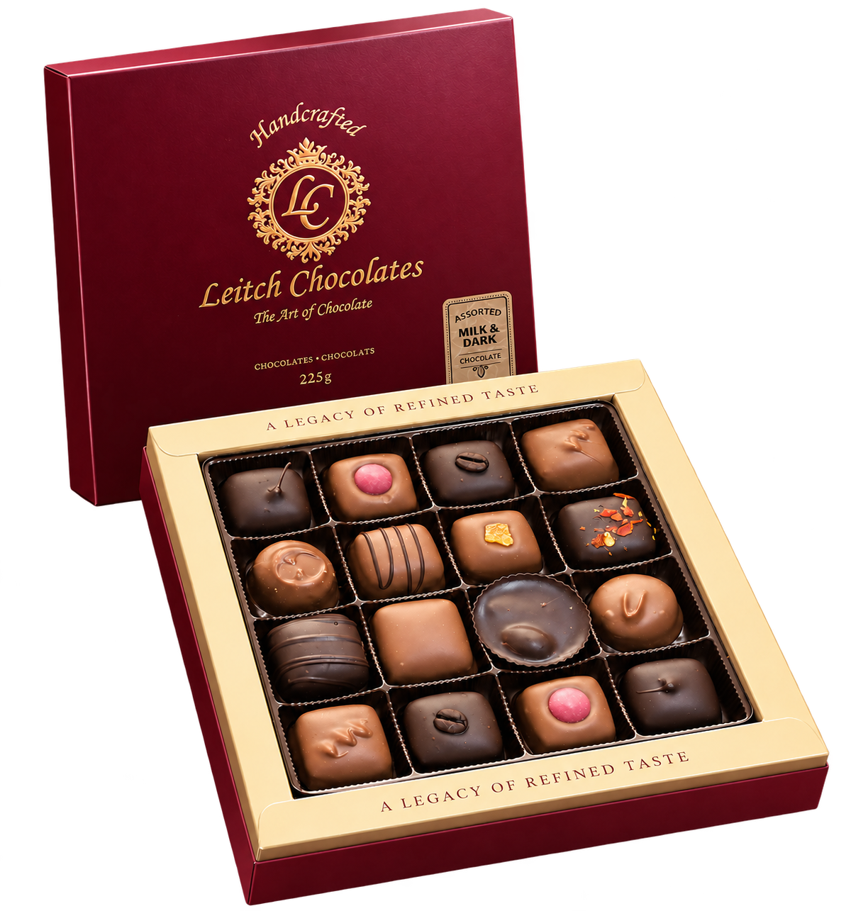 Open burgundy Leitch Chocolates signature box with 16 assorted chocolates